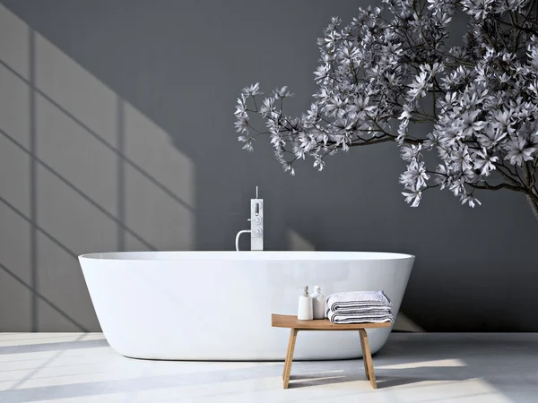 Modernes graues Badezimmer mit Badewanne. 3D-Darstellung — Stockfoto