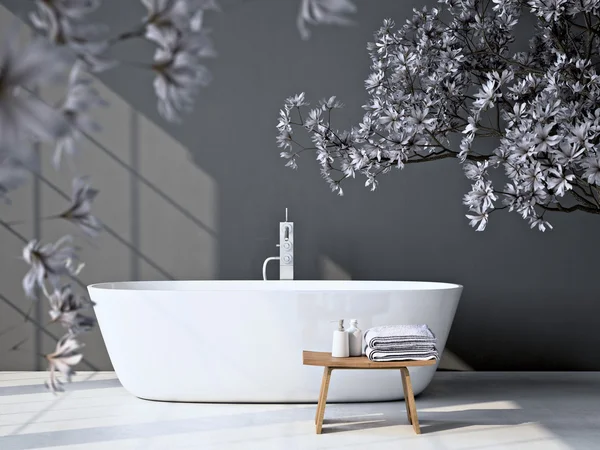 Moderno baño gris con bañera. renderizado 3d —  Fotos de Stock