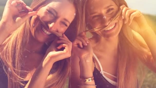 Жіночі близнюки розважаються на сонці. пил і витоки. hd — стокове відео