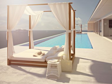Santorini'de lüks Yüzme Havuzu. renk Düzenle. 3D render