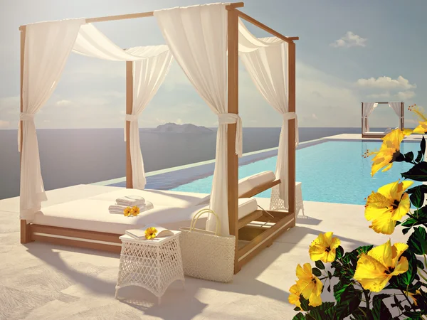 Luxus-Pool mit Hibiskusblüte. Farbbearbeitung. 3D-Darstellung — Stockfoto