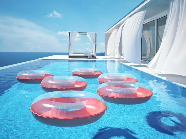 Luksusowy basen z swimmrings. renderowania 3D — Zdjęcie stockowe
