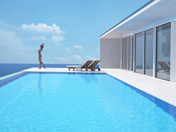 Vrouw genieten van de zon bij het eindeloze zwembad. 3D-rendering — Stockfoto