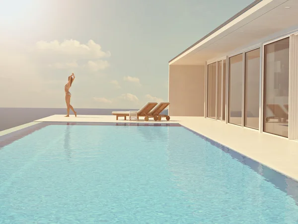 Mujer disfrutando del sol en la piscina sin fin. renderizado 3d — Foto de Stock