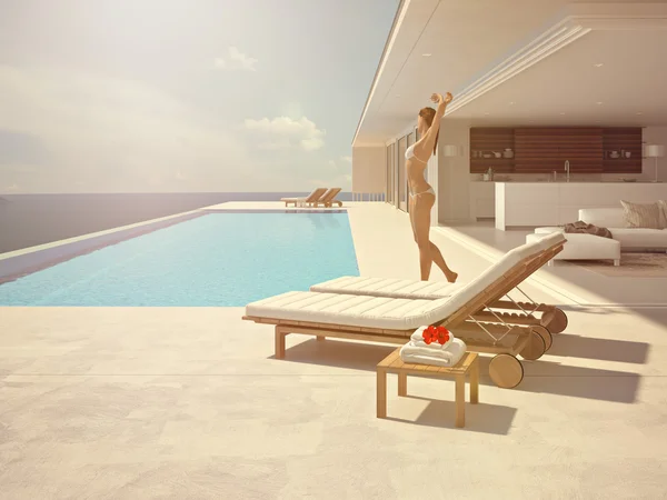 Mujer disfrutando del sol en la piscina sin fin. renderizado 3d —  Fotos de Stock