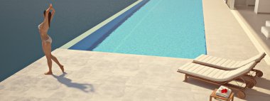 kadının sonsuz havuz başında güneş. 3D render