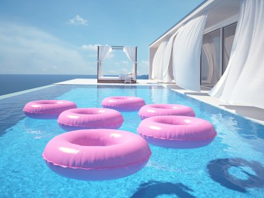 lüks Yüzme Havuzu swimmrings. 3D render