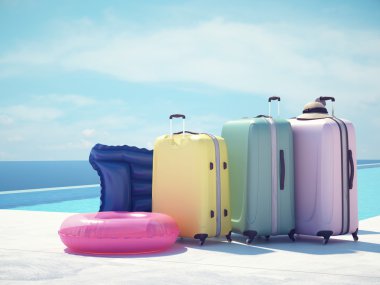 Yüzme Havuzu yanında coloful bavul. 3D render