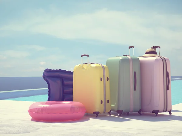 Bunte Koffer neben dem Schwimmbad. 3D-Darstellung — Stockfoto