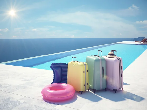 Coloful suitcases next to the swimming pool. 3d rendering — Stock Photo, Image