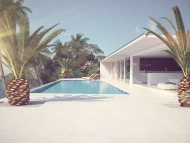 Lüks Yüzme Havuzu ve masmavi bir deniz. 3D render