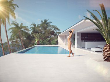 kadının sonsuz havuz başında güneş. 3D render