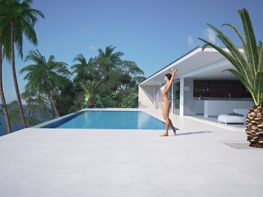 kadının sonsuz havuz başında güneş. 3D render