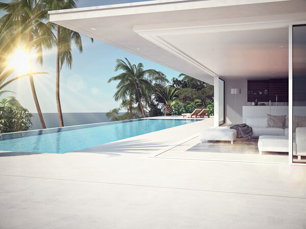 Роскошный бассейн и голубая вода. 3d-рендеринг
