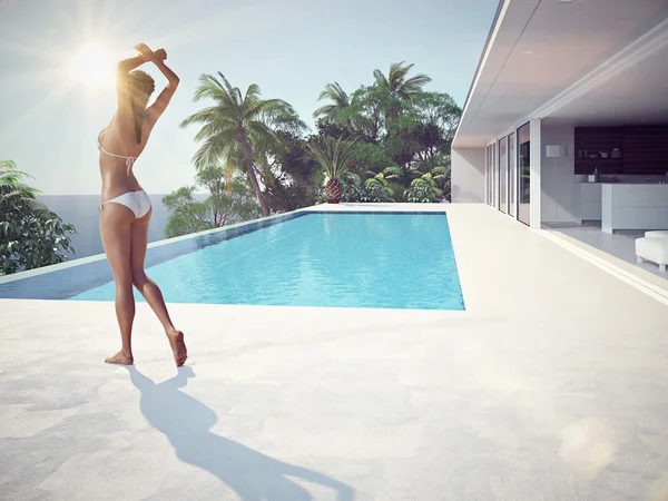 Женщина наслаждается солнцем в бесконечном бассейне. 3d-рендеринг — стоковое фото