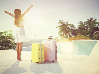 kadın lüks tatil Yüzme Havuz kenarında. 3D render