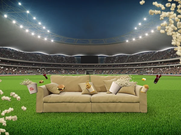 Stadion z sofą w środku. renderowania 3D — Zdjęcie stockowe