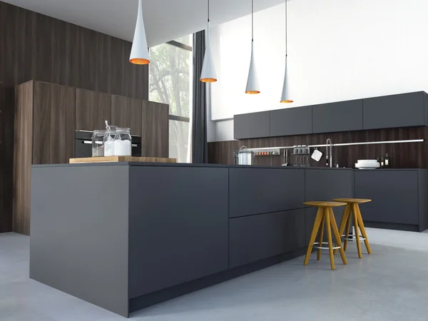 Moderní kuchyň v domě nebo bytě. 3D vykreslování — Stock fotografie