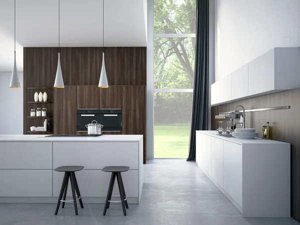 Moderne keuken in een huis of appartement. 3D-rendering — Stockfoto