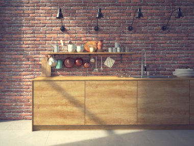 Bir brickwall modern mutfak. 3D render