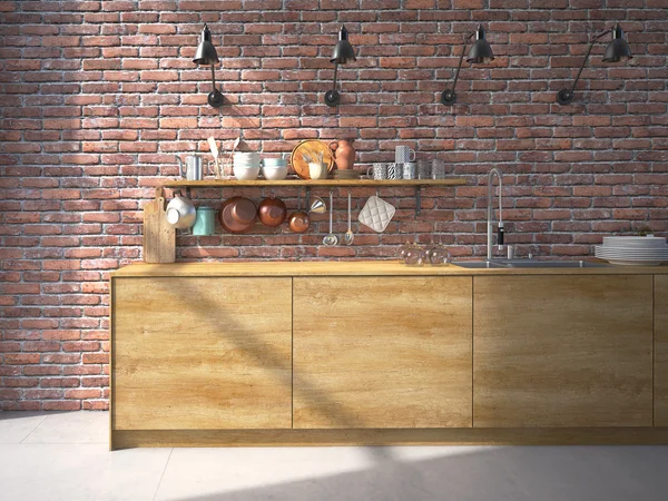 Cocina moderna con un muro de ladrillo. renderizado 3d — Foto de Stock