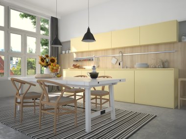 Mutfak ve oturma odası çatı katı dairesinde. 3D render