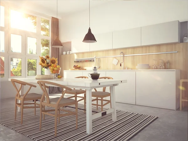Kuchyň a obývací pokoj v podkroví byt. 3D vykreslování — Stock fotografie