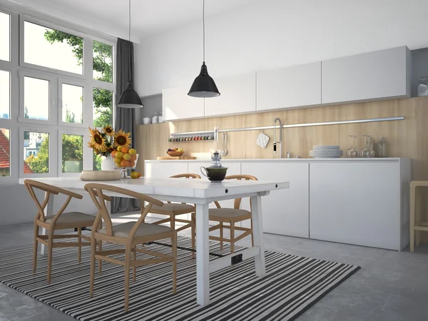 Keuken en woonkamer in loft appartement. 3D-rendering — Stockfoto