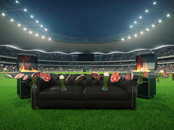 Stadium dengan sofa di tengah. Rendering 3d — Stok Foto