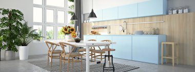 Mutfak ve oturma odası çatı katı dairesinde. 3D render