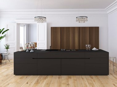 Mutfak ve oturma odası çatı katı dairesinde. 3D render