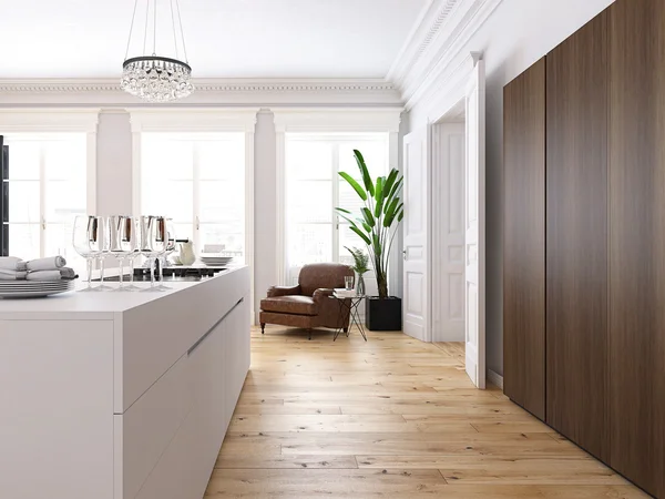 Moderní podkrovní kuchyň a obývací pokoj. 3D vykreslování — Stock fotografie