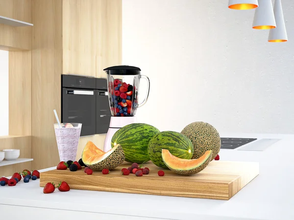 Mélangeur avec différents fruits pour un smoothie. Rendu 3d — Photo