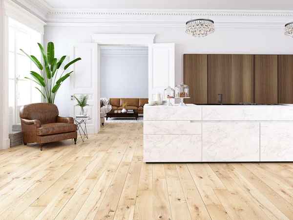 Loft moderno con cucina e soggiorno. rendering 3d — Foto Stock