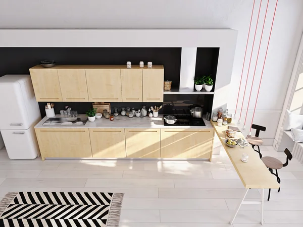 Cocina nórdica moderna en apartamento loft. Renderizado 3D — Foto de Stock