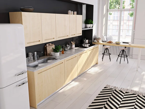 Cuisine nordique moderne dans appartement loft. rendu 3D — Photo