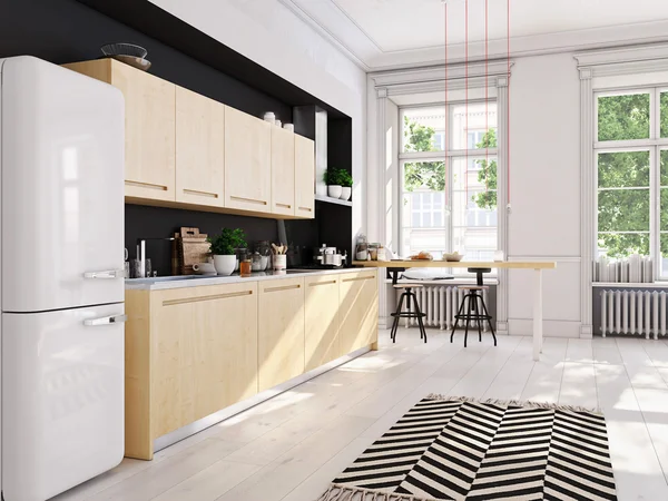 Cuisine nordique moderne dans appartement loft. rendu 3D — Photo