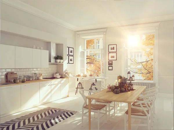 Cocina nórdica en un apartamento. Representación 3D. concepto de acción de gracias . —  Fotos de Stock