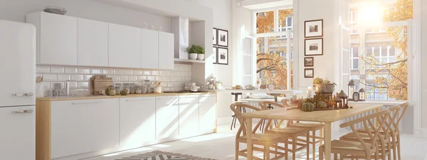 Nordische Küche in einer Wohnung. 3D-Darstellung. Dankbarkeitskonzept. — Stockfoto