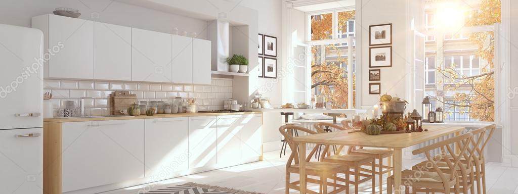 nordic kitchen in an apartment. 3D rendering. thanksgiving concept.