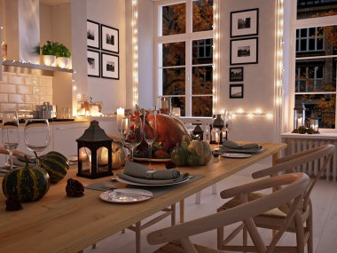 Nordic mutfak bir apartman dairesinde. 3D render. Şükran günü kavramı.