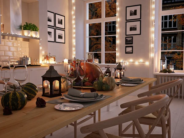 Σκανδιναβική κουζίνα σε ένα διαμέρισμα. 3D rendering. έννοια των ευχαριστιών. — Φωτογραφία Αρχείου