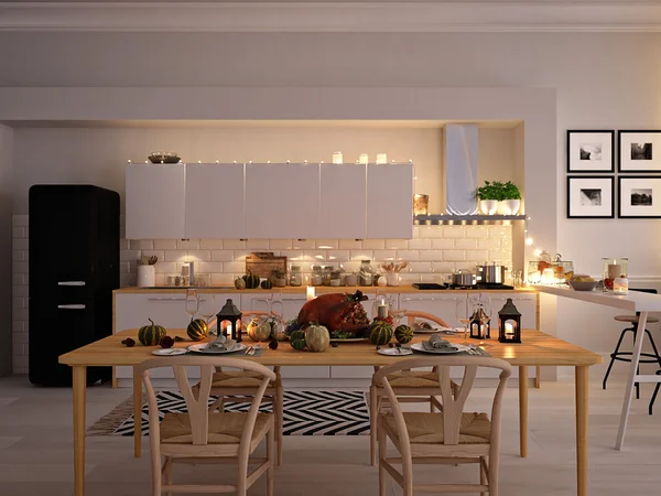 Nordyckiej kuchni w mieszkaniu. renderowania 3D. koncepcja Dziękczynienia. — Zdjęcie stockowe