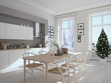 Nordic mutfak Noel dekorasyonu ile. 3D render