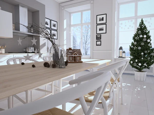 Scandinavische keuken met decoratie van Kerstmis. 3D-rendering — Stockfoto