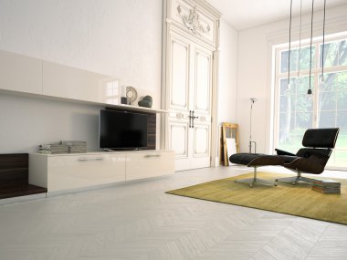 Modern oturma odası Tv ve hifi donanımları ile. 3D render