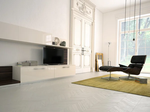 Sala de estar moderna com TV e equipamento de hifi. Renderização 3d — Fotografia de Stock