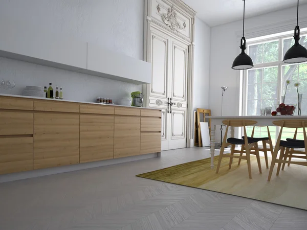 Cozinha moderna em um apartamento. Renderização 3d — Fotografia de Stock