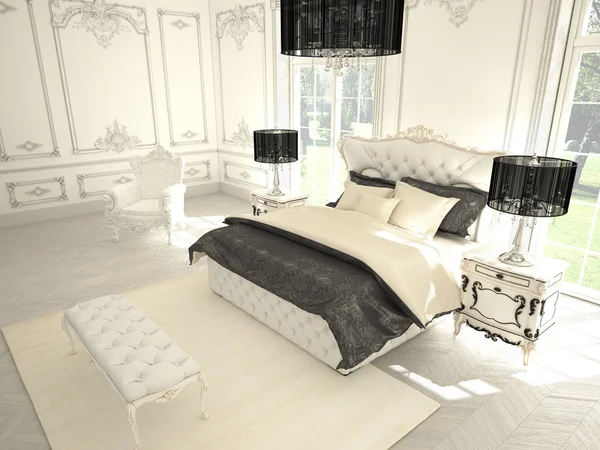 Innenraum eines Schlafzimmers im klassischen Stil in einer Luxusvilla. 3D-Darstellung — Stockfoto