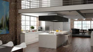 Modern loft ile mutfak. 3D render